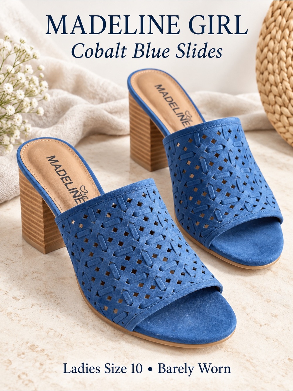 Madeline Girl Cobalt Blue ultra suede, Perforated Block Heel Mules. 3” heel